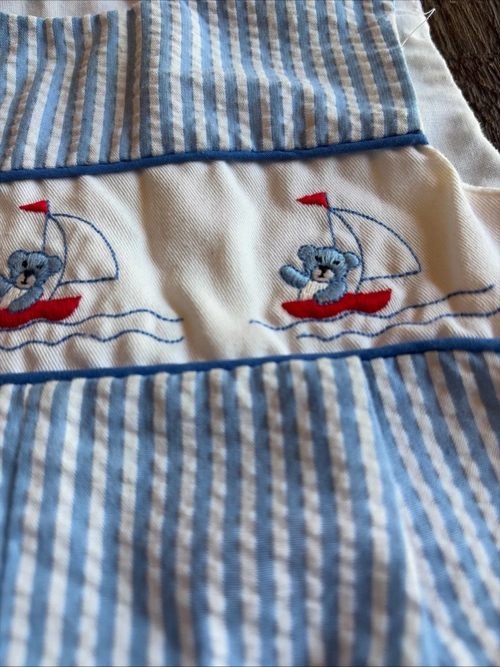 Baby Blue Striped Seersucker Romper Embroidered Nautical Teddy Bear 6-9 Mo